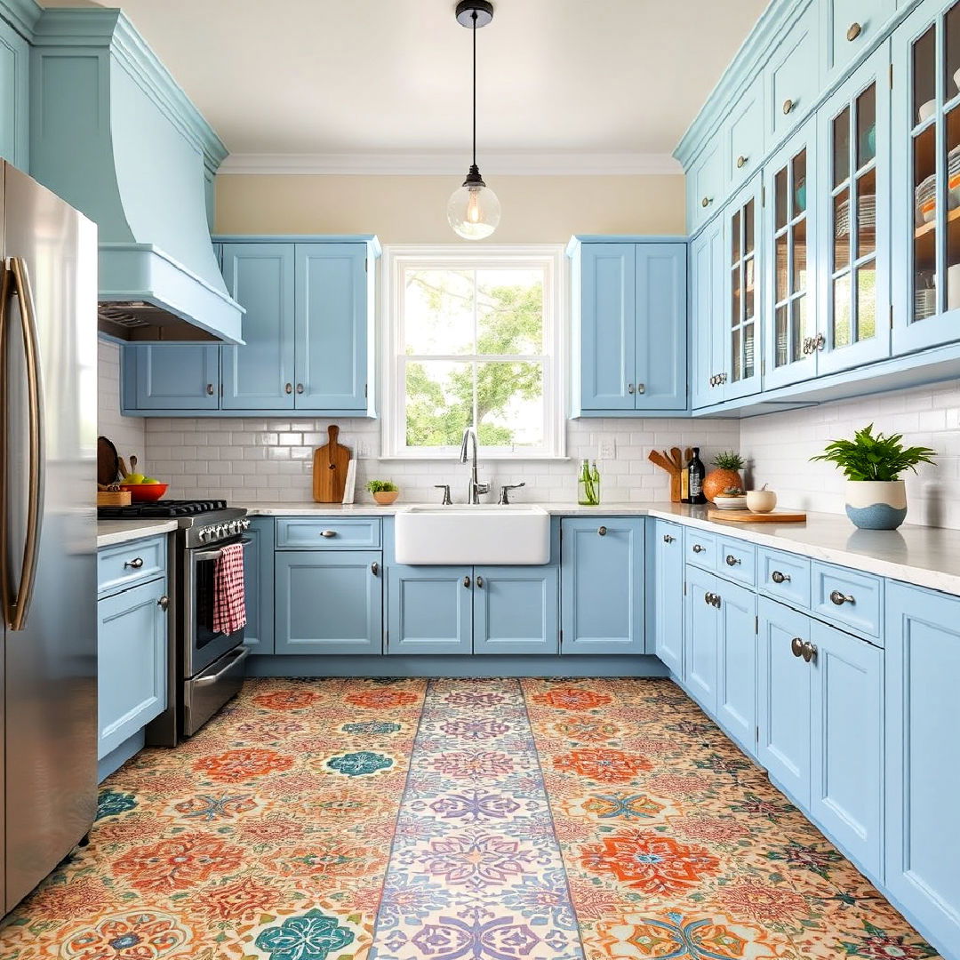 light blue cabinets with patterned floor tiles