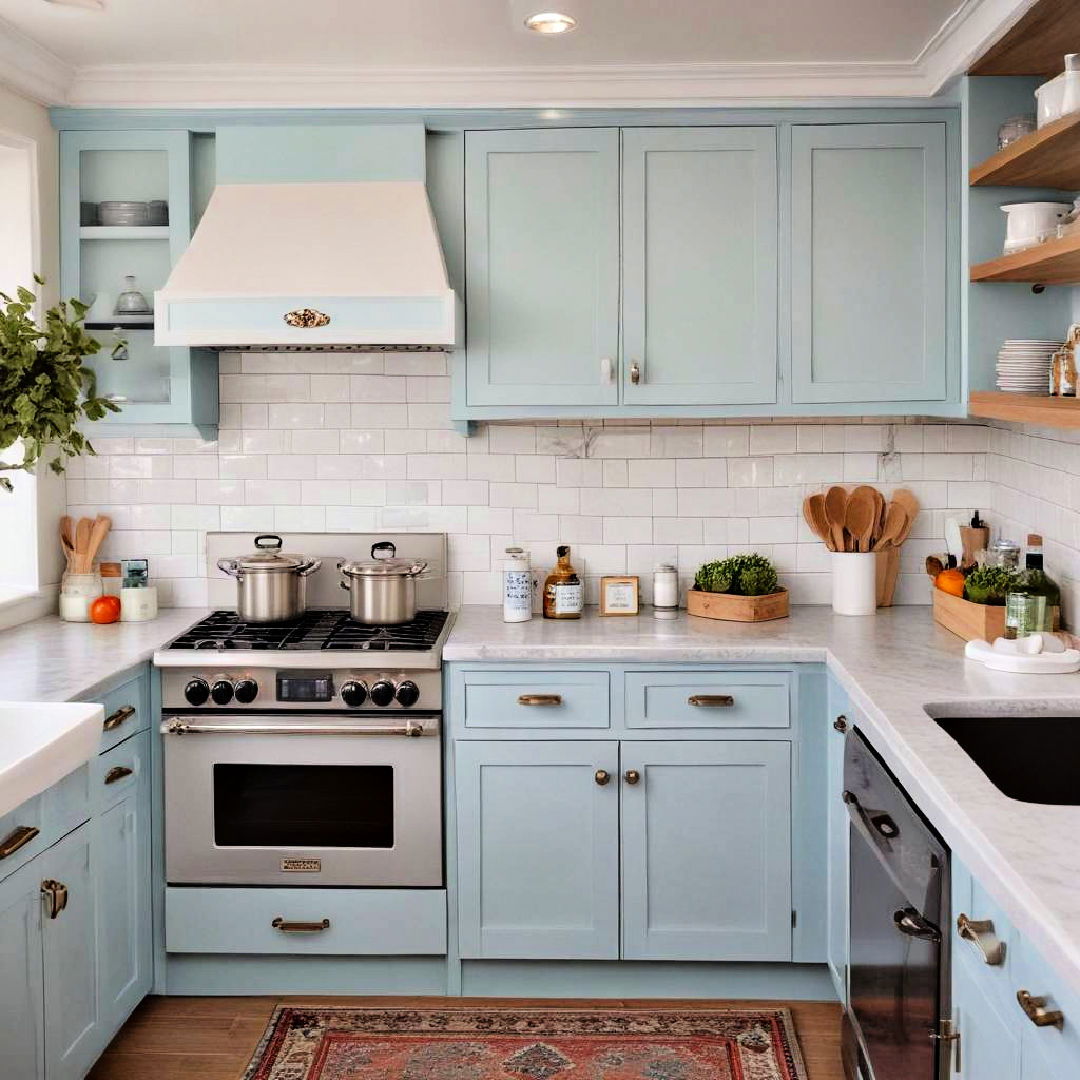 light blue cabinets with subway tile backsplash