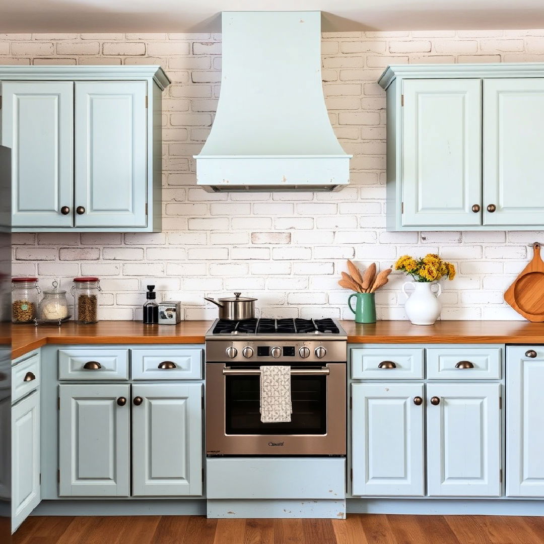 light blue cabinets with whitewashed brick