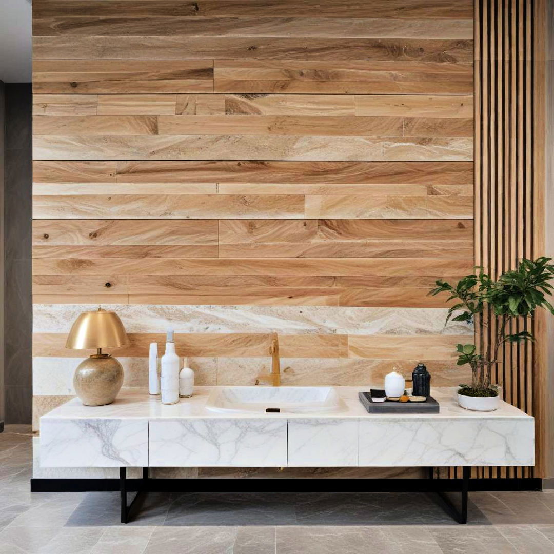 marble and wood slat combination