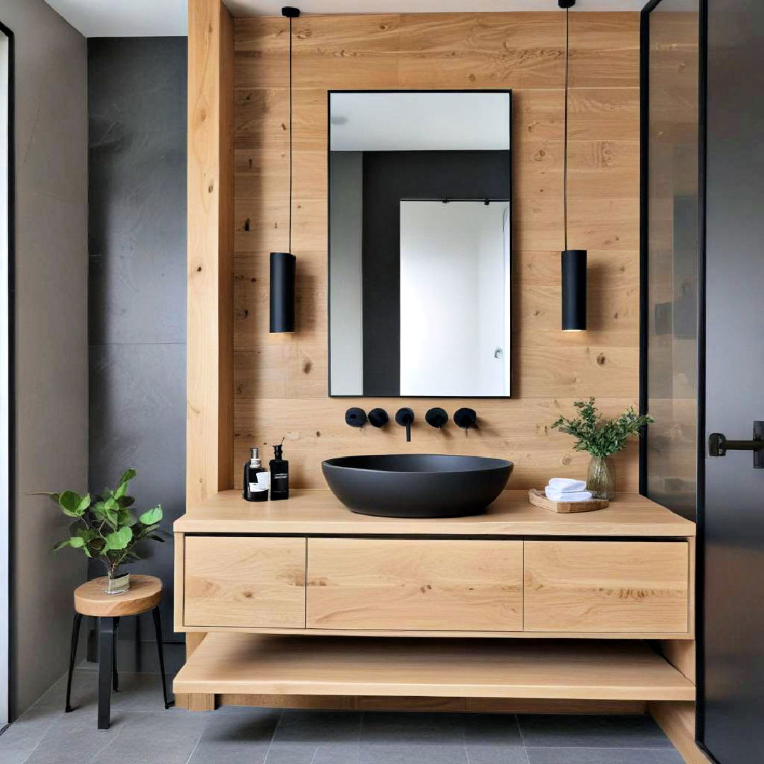 matte black fixtures with natural wood vanity