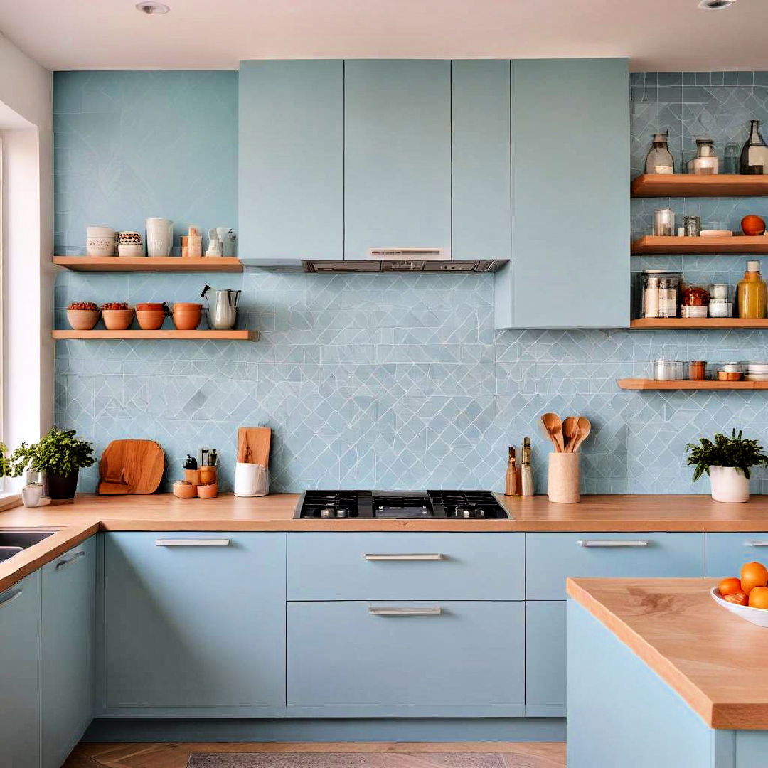 matte light blue cabinets with bold backsplash