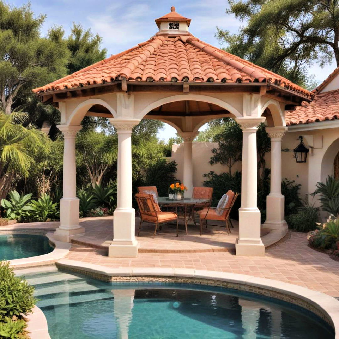 mediterranean style gazebo with tile roof