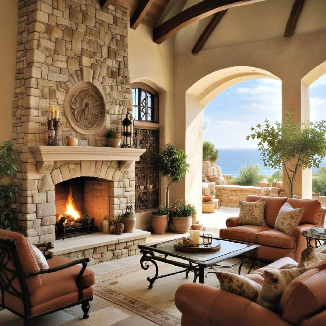 mediterranean style stone fireplace