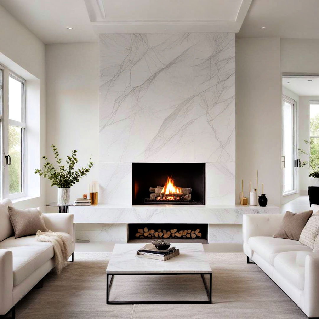 minimalist white marble fireplace