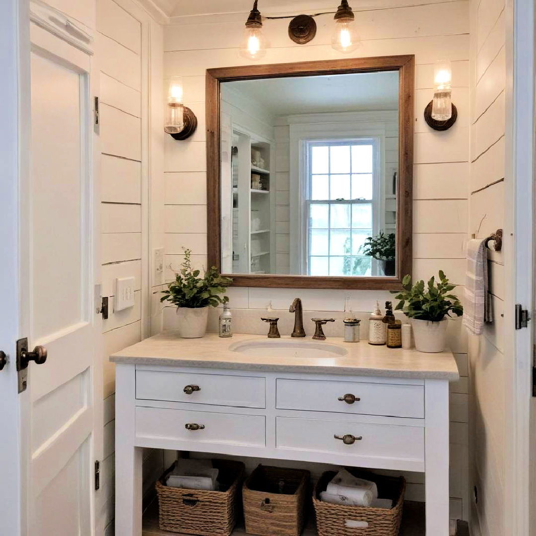 mirrored medicine cabinet with shiplap background