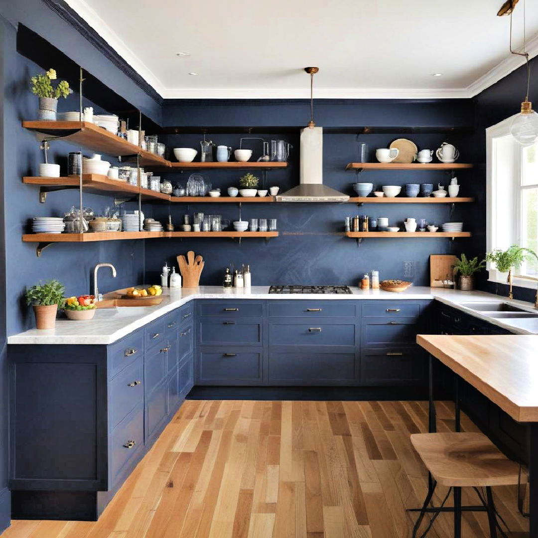 mix of open and closed navy blue cabinetry