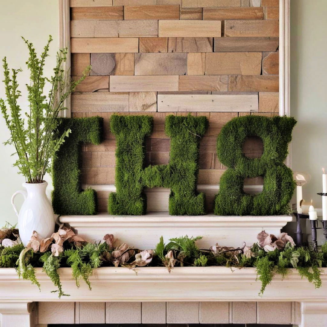 moss covered letters spring mantel decor