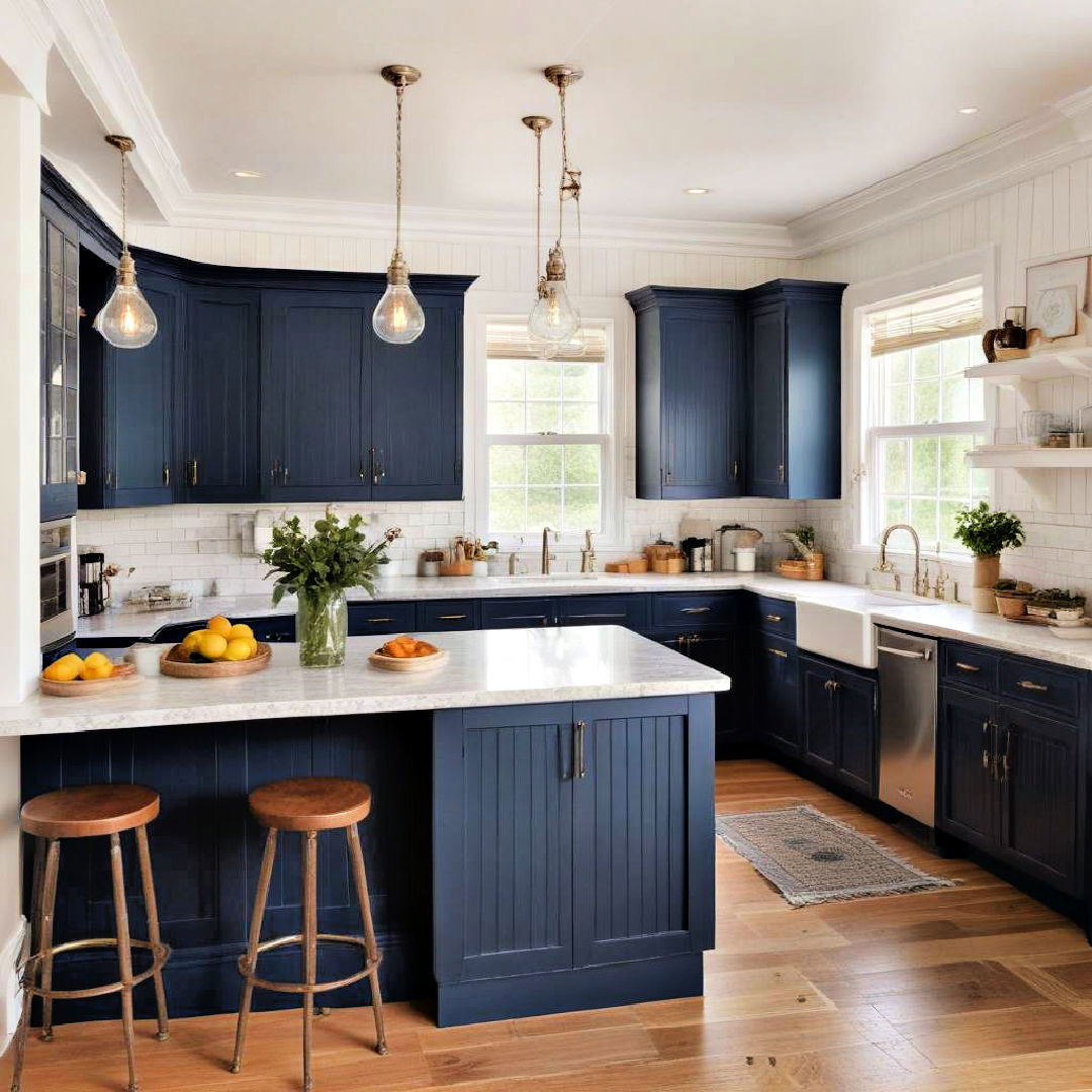 navy blue beadboard cabinets