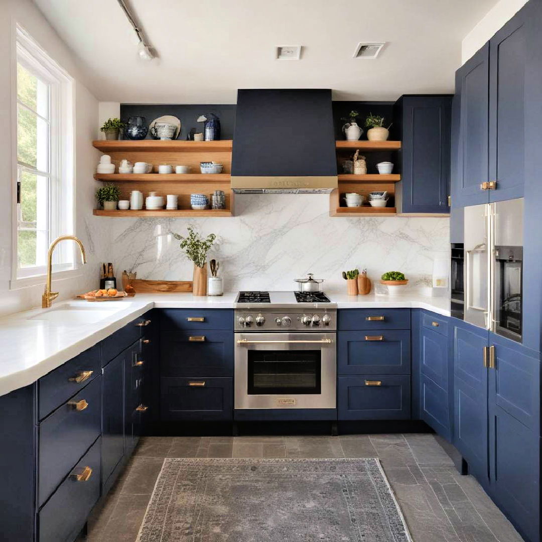 navy blue cabinets with integrated appliances