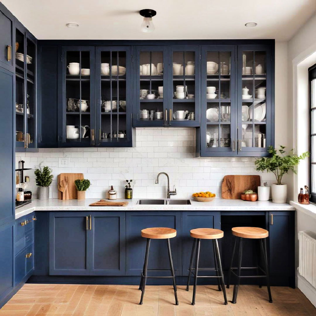 navy blue cabinets with open grids