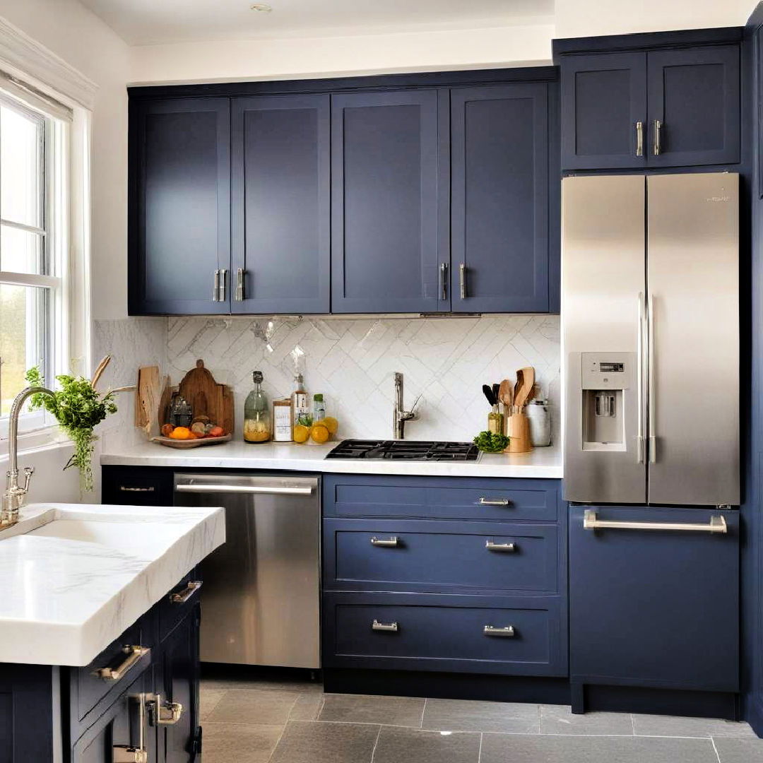 navy blue cabinets with stainless steel hardware