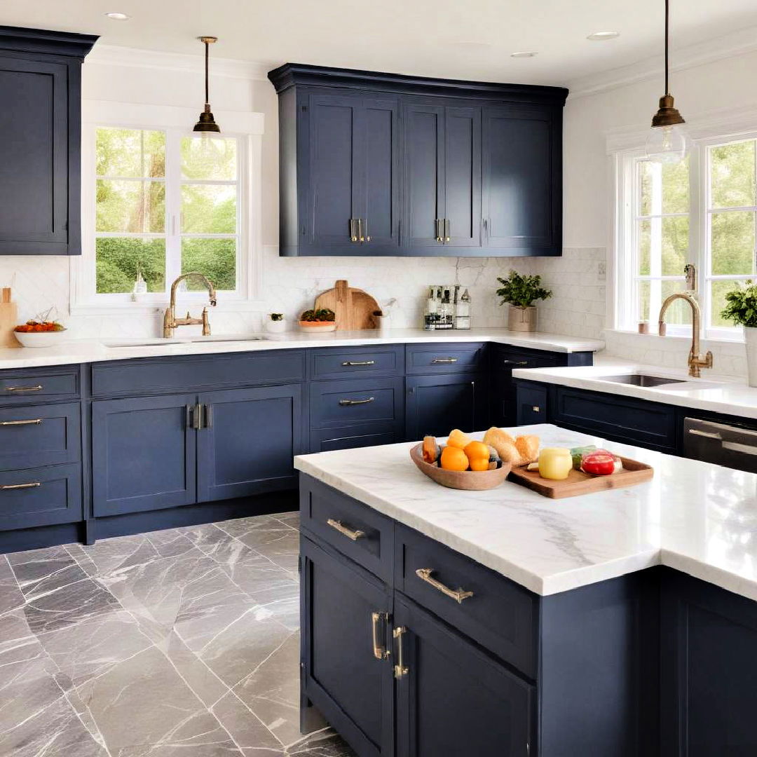 navy blue cabinets with white countertops