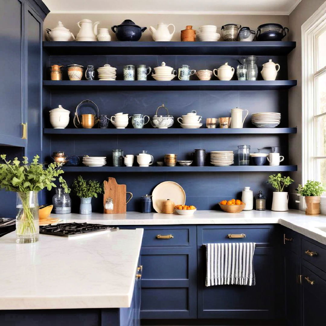 navy blue open shelving