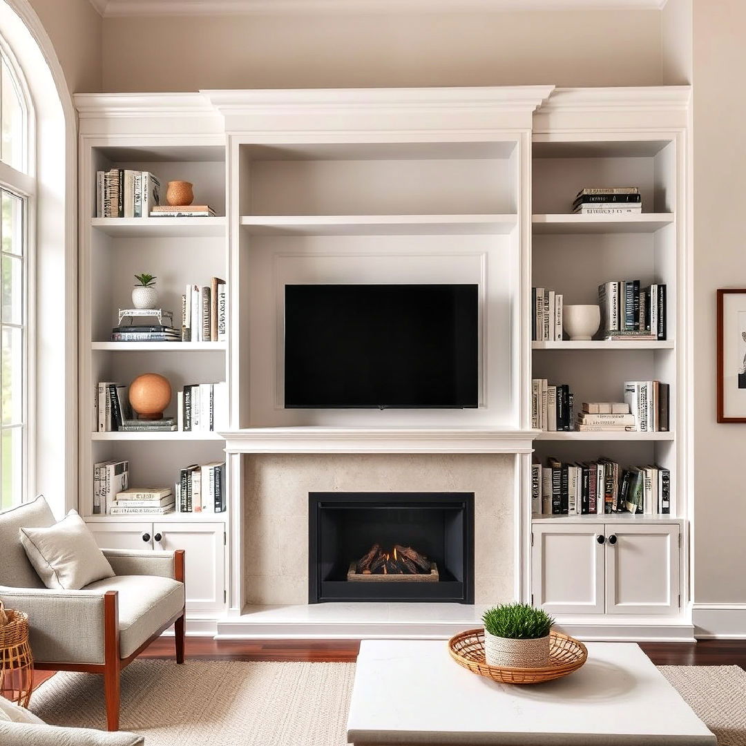 neutral bookshelves for organized storage