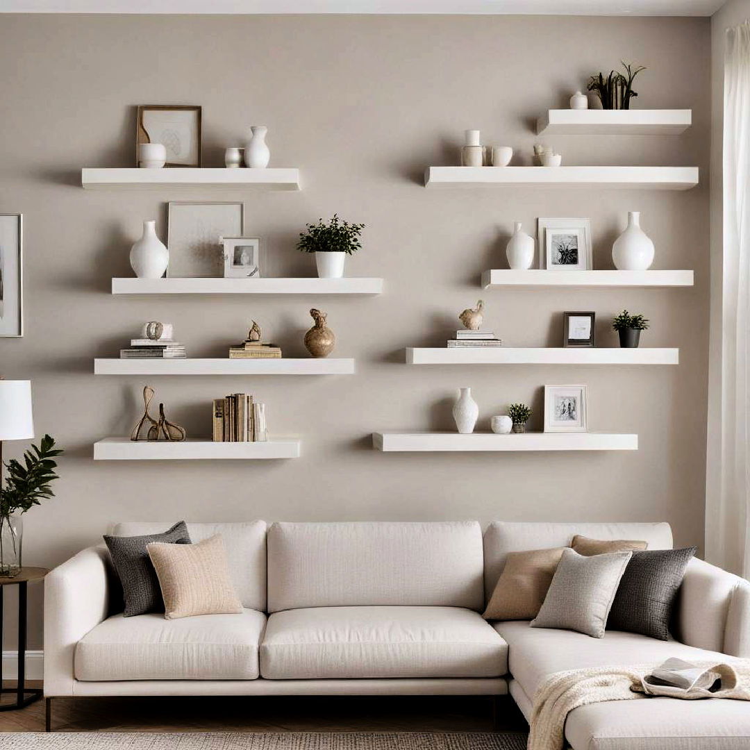 neutral floating shelves for display