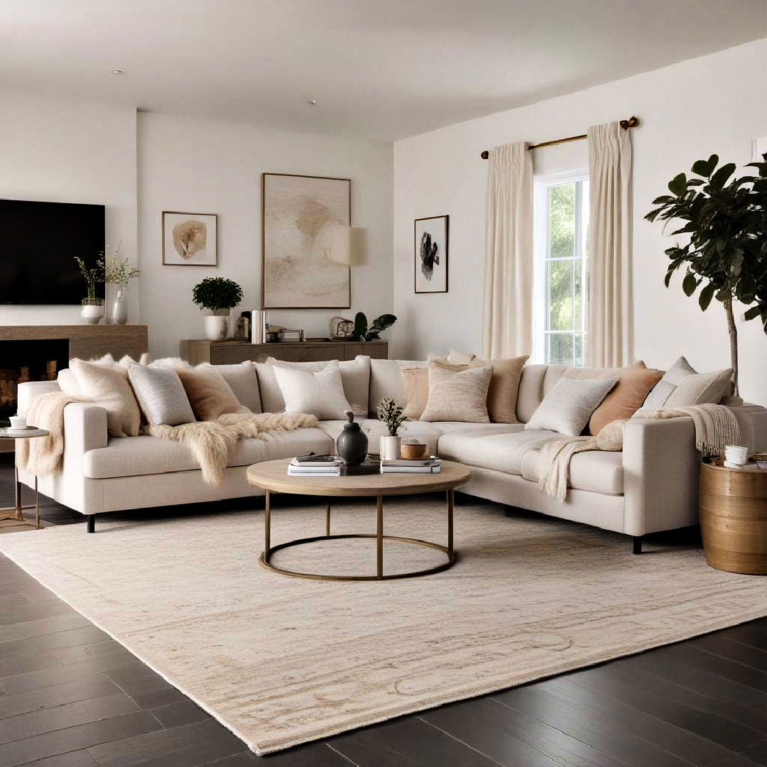 neutral sectional rug to define zones