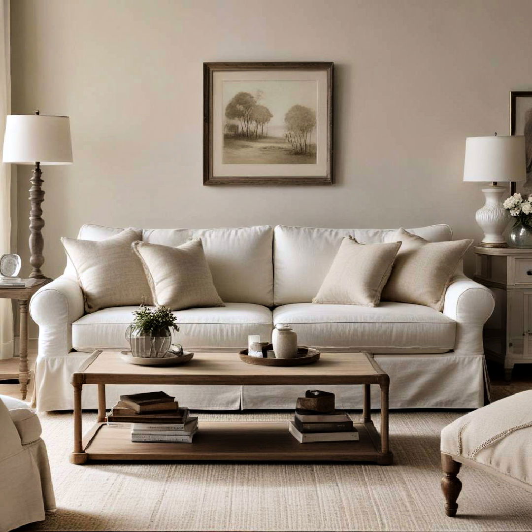 neutral slipcovered sofa for casual elegance