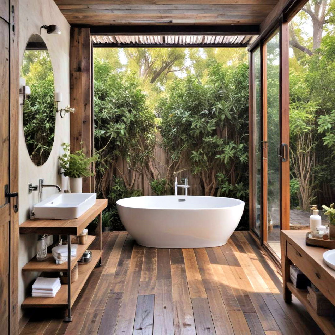 open air bathroom with reclaimed wood flooring