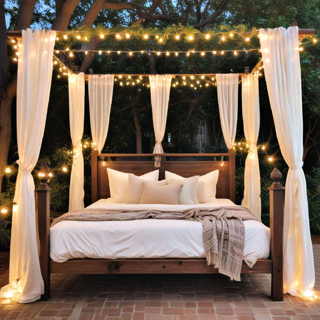 outdoor four poster bed with string lights