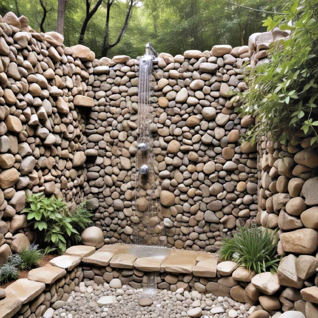 outdoor shower with river rock wall