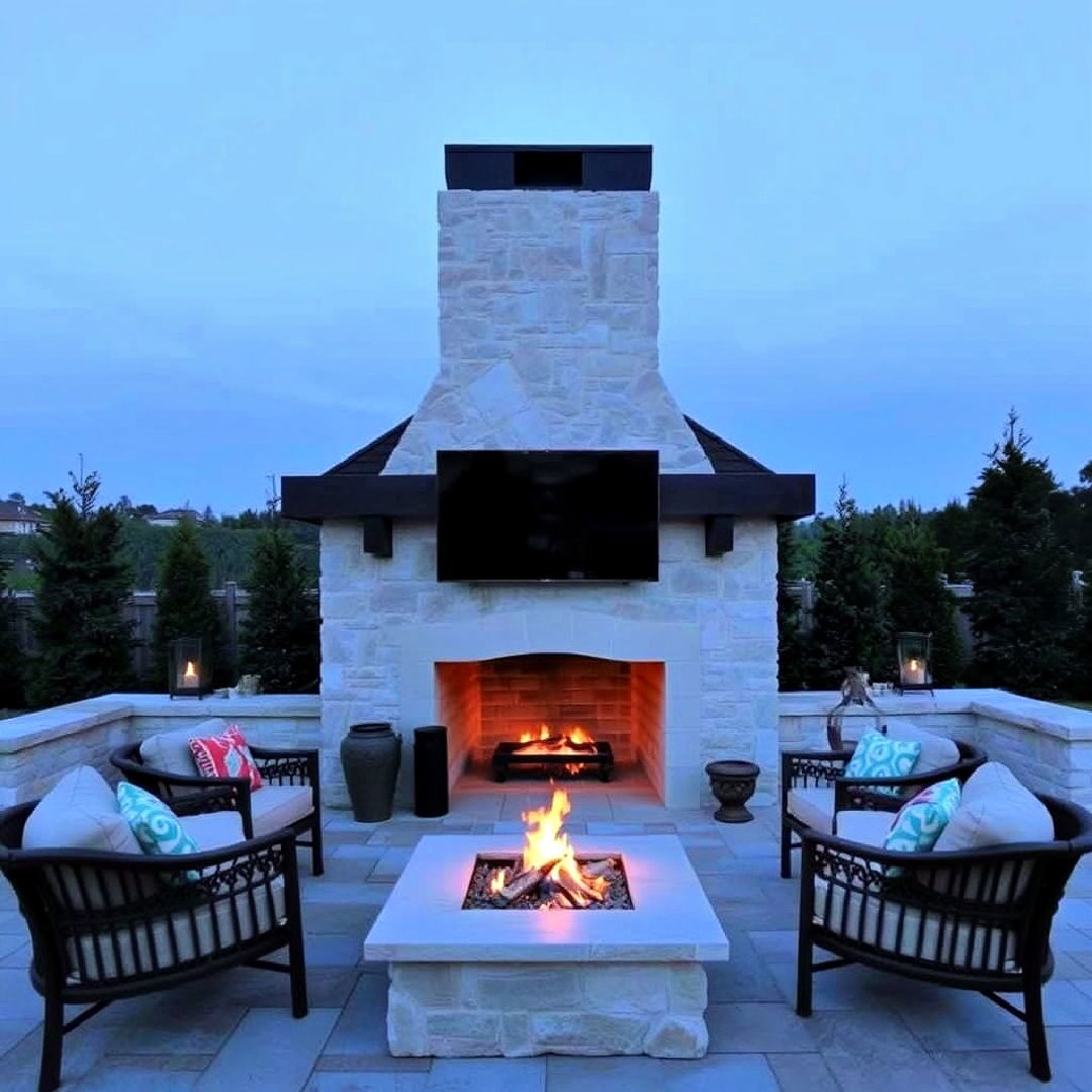 outdoor white stone fireplace for entertaining