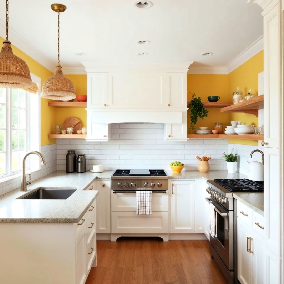 pale yellow accent wall with white cabinets