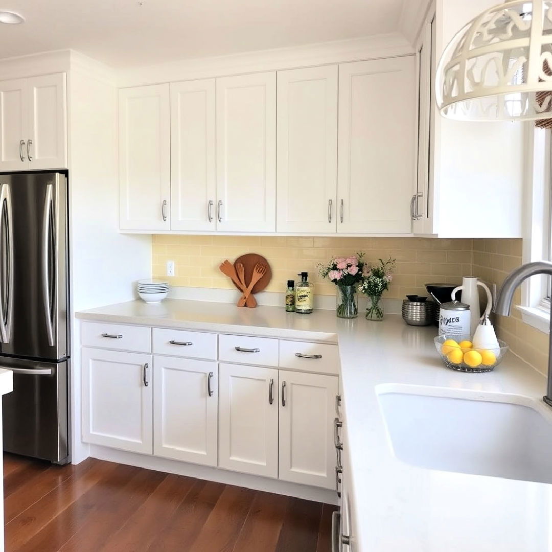 pale yellow backsplash with white cabinets