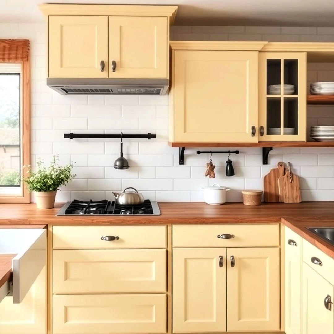 pale yellow cabinets with natural wood accents