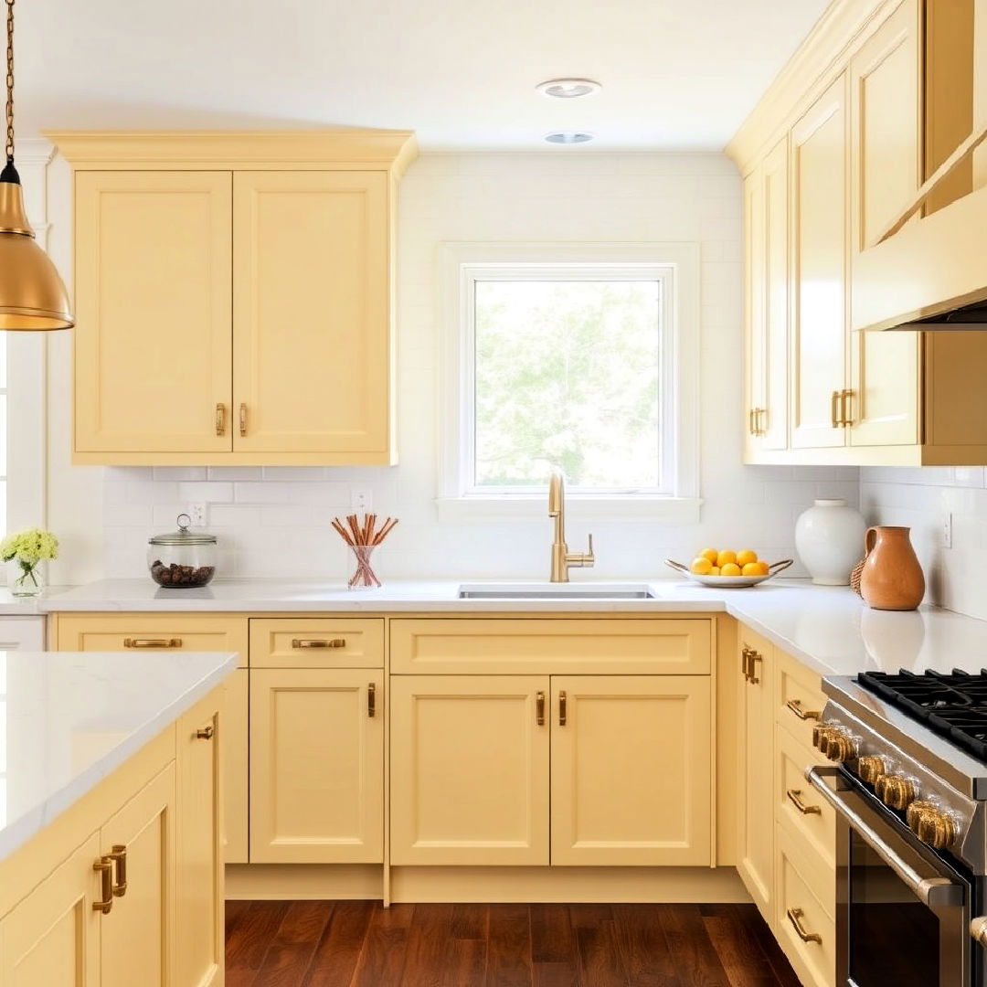 pale yellow kitchen cabinets with brass hardware