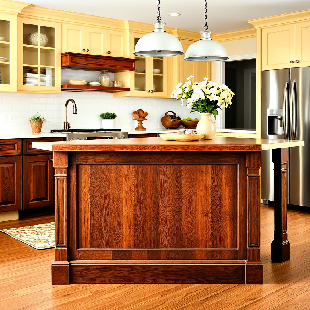 pale yellow kitchen island with dark wood base