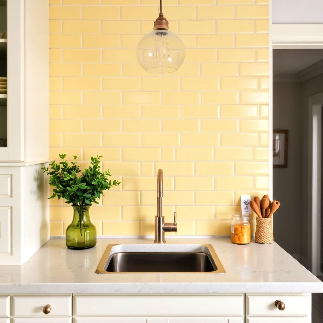 pale yellow subway tile backsplash