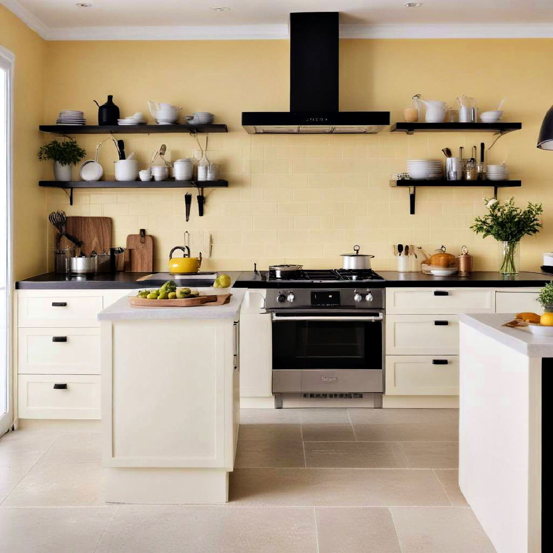 pale yellow walls with black hardware