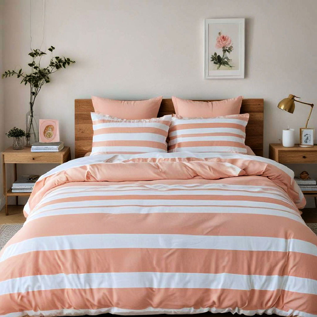 peach and white striped bedding