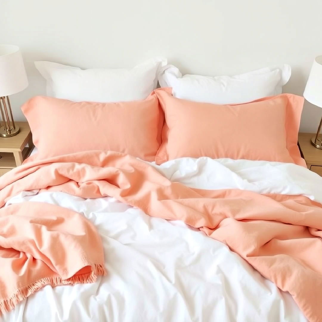 peach bedding with white linens