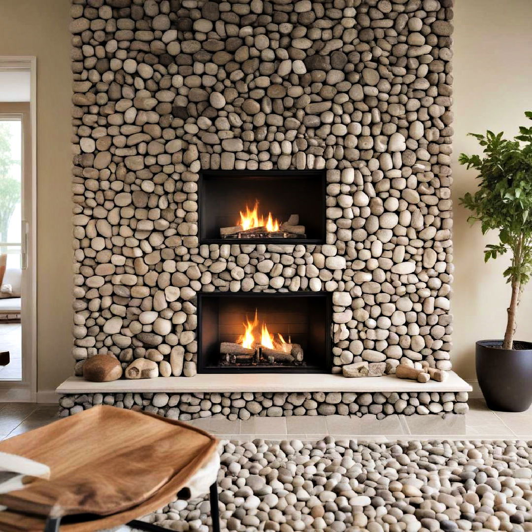 pebble stone fireplace