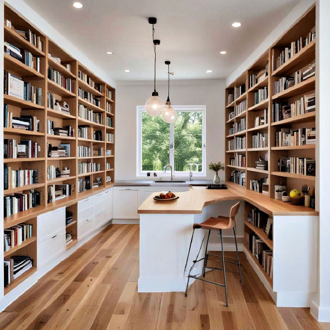 peninsula with built in bookshelves