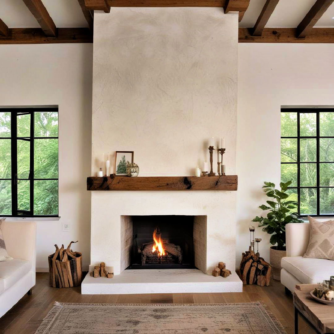 plaster fireplace with wood beam mantel