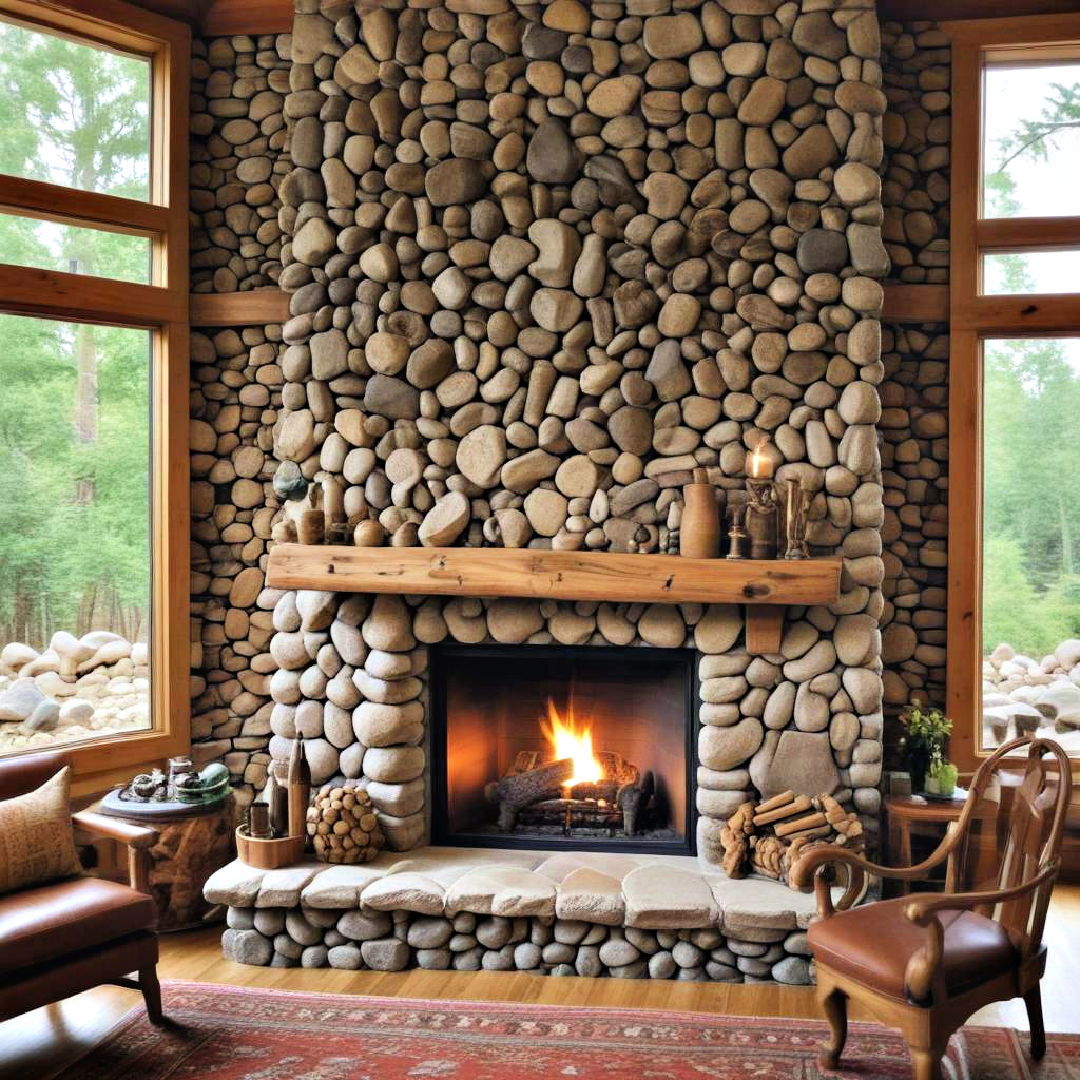 river rock fireplace with wooden mantel