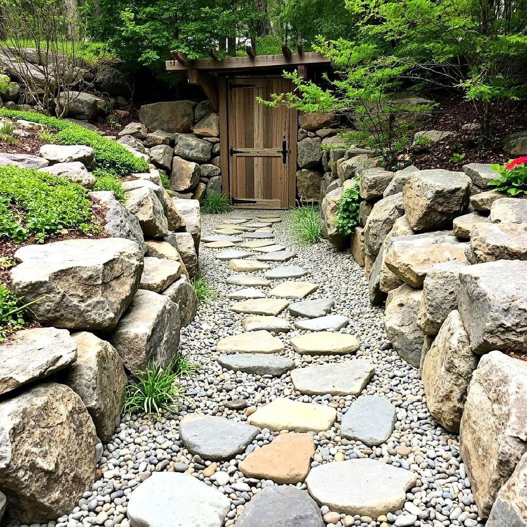 rock path leading to the bathroom