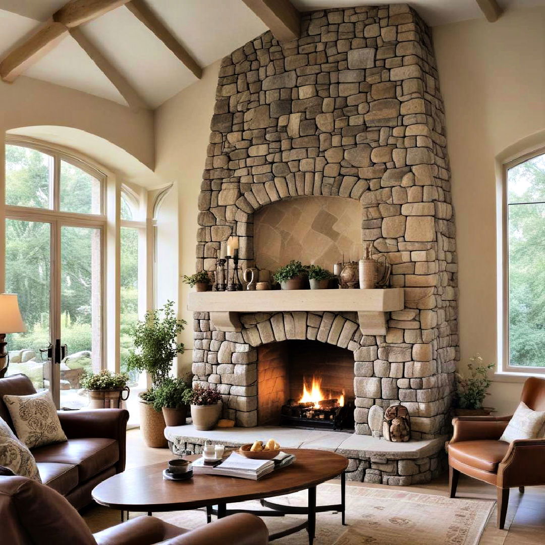 rounded stone fireplace