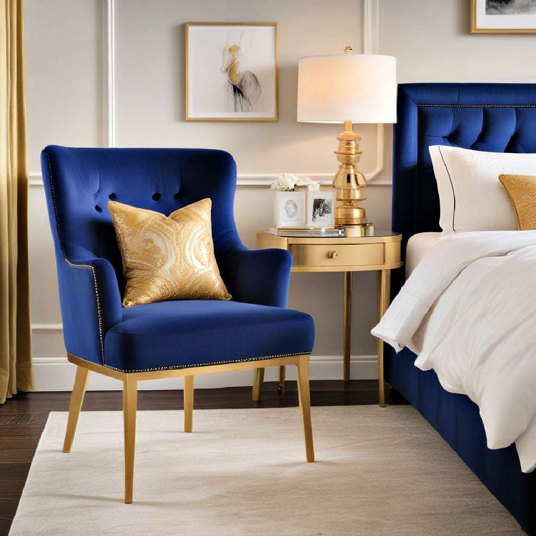 royal blue accent chair with gold legs for a luxe look