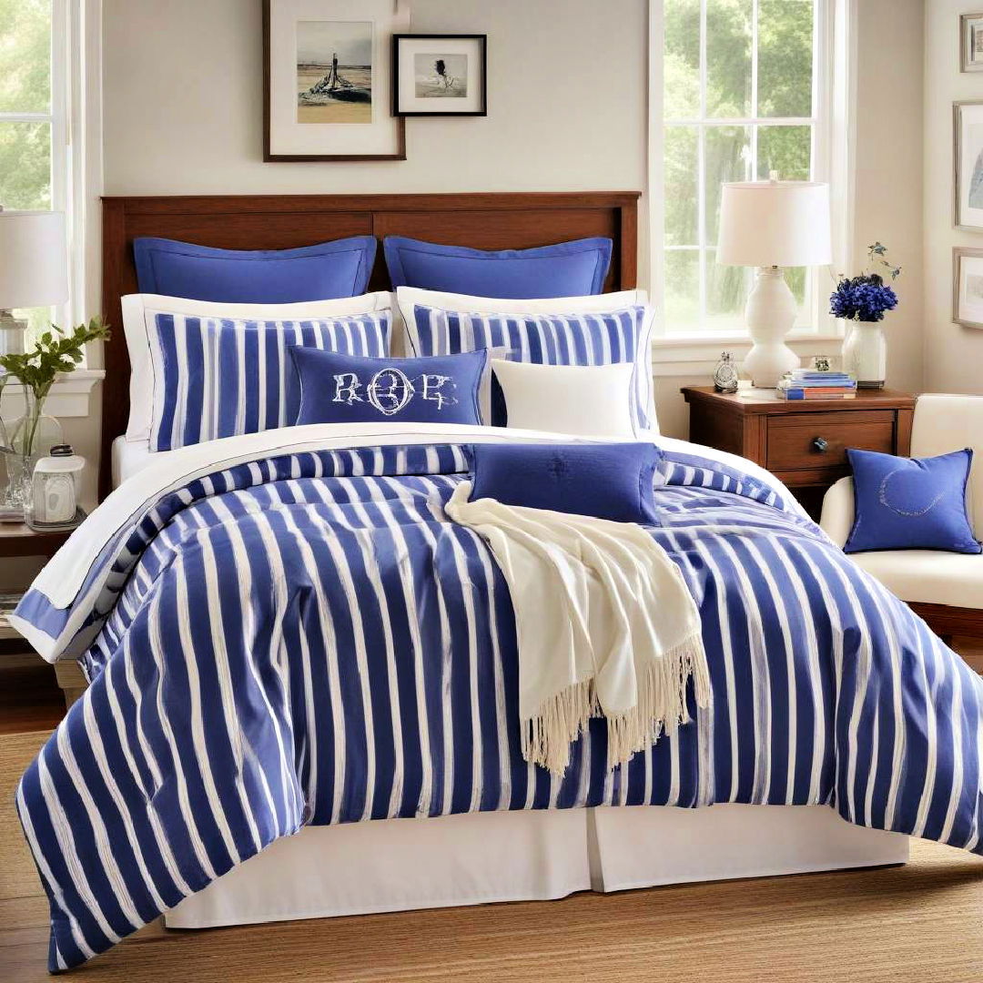 royal blue and white striped bedding for a nautical look