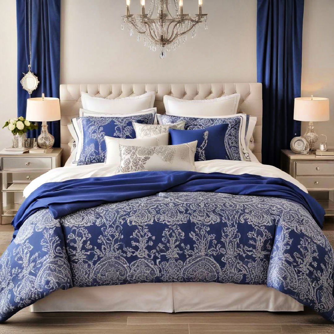 royal blue bedding with silver accents for a cool modern look