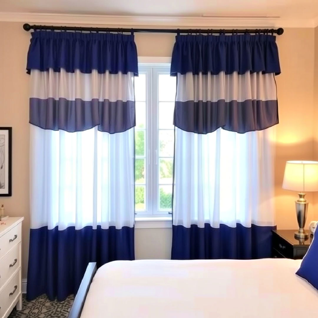 royal blue curtains with white sheers for layered elegance