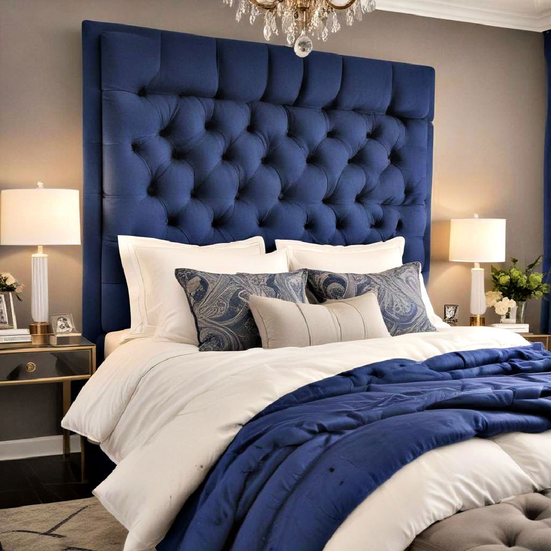 royal blue headboard with tufting for a luxurious feel