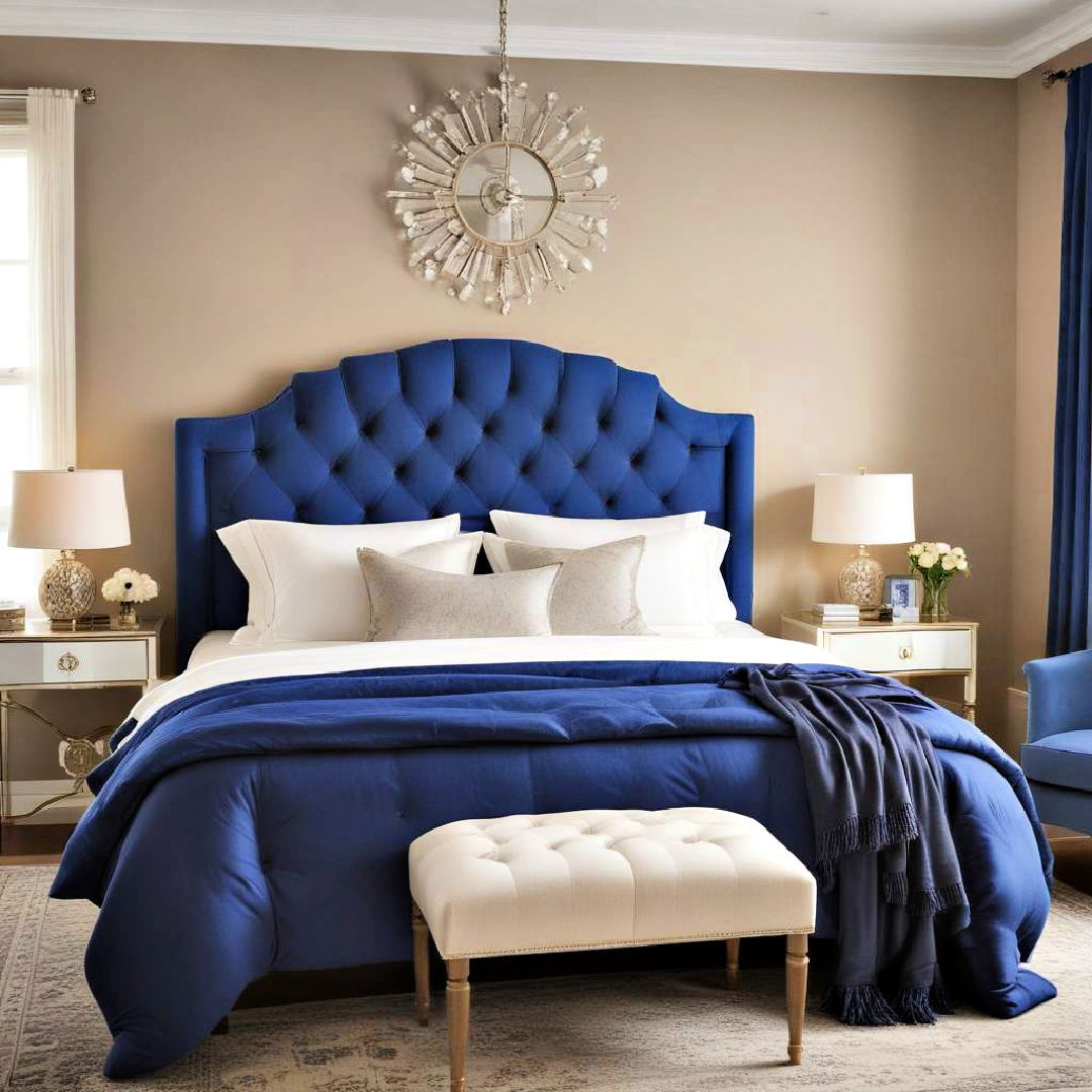 royal blue upholstered headboard for a regal touch