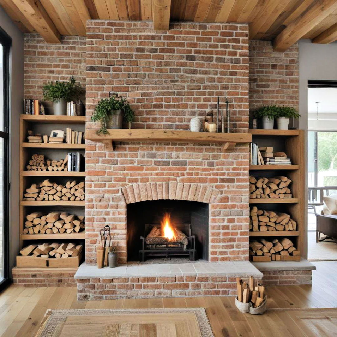 rustic brick fireplace with built in wood storage