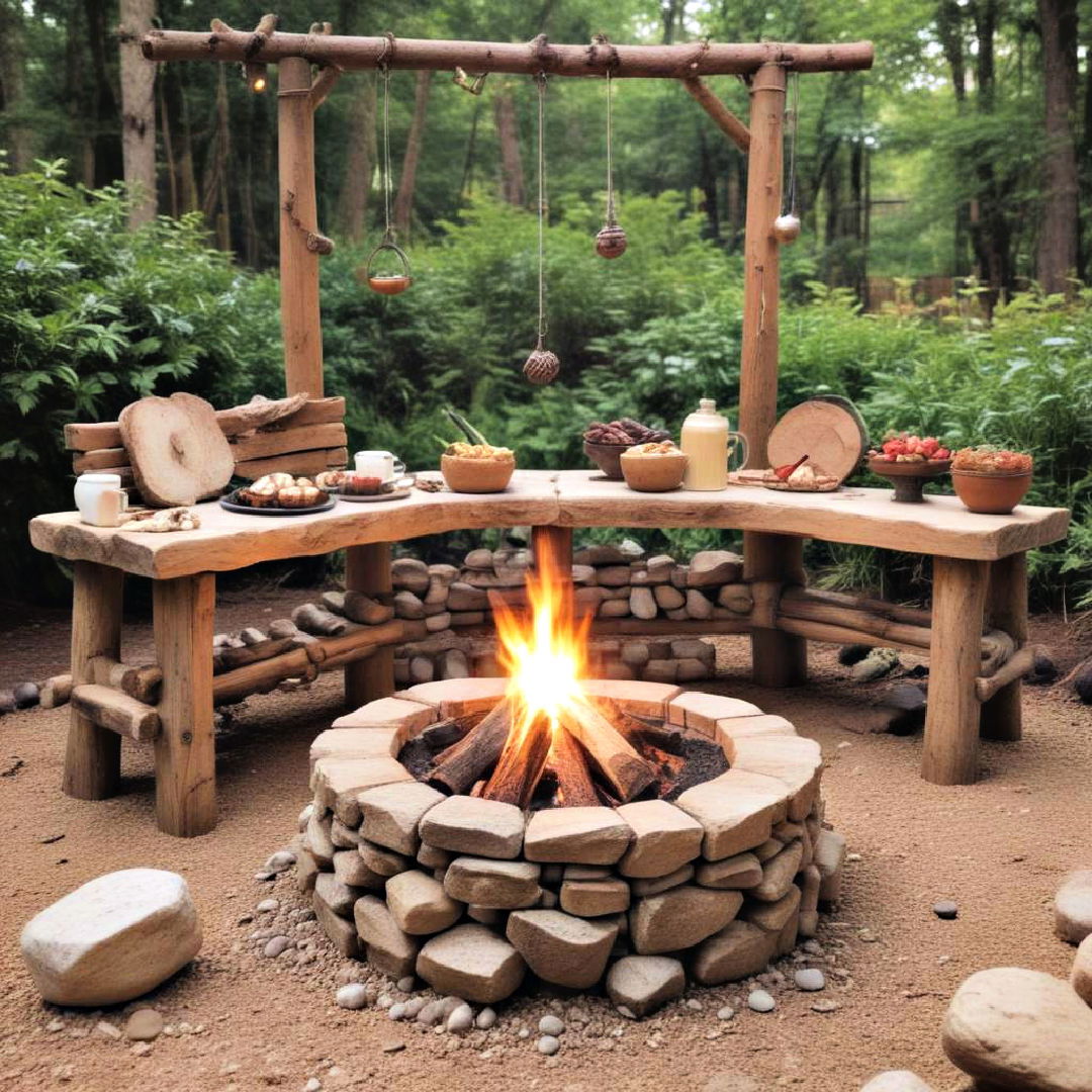 rustic fire pit cooking small outdoor kitchen