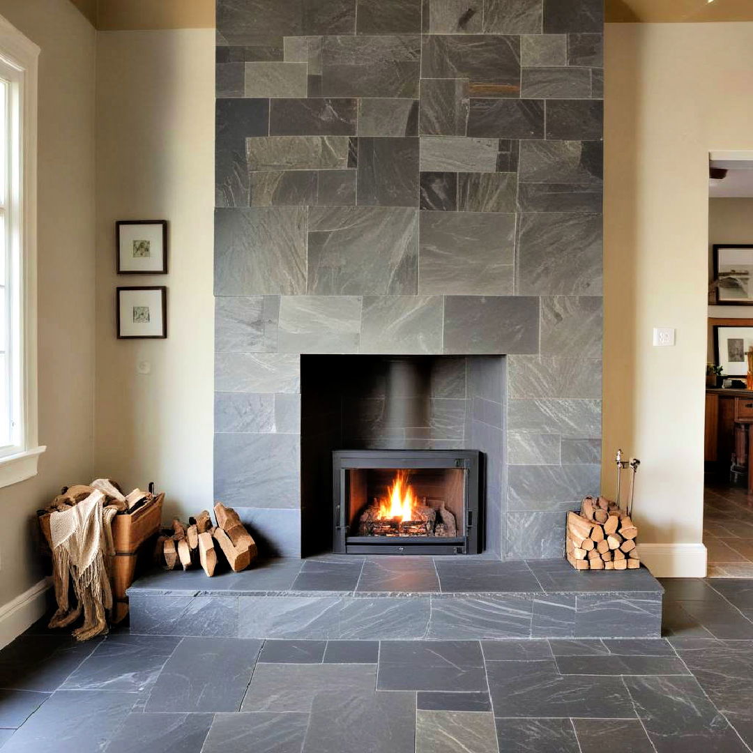 rustic fireplace with slate tile hearth